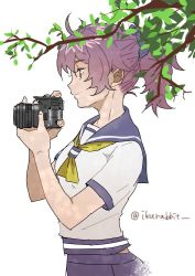 Rule 34 | 1girl, aoba (kancolle), bad id, bad twitter id, blue eyes, blue scrunchie, branch, camera, commentary request, from side, hair ornament, hair scrunchie, holding, holding camera, ikurabbit, kantai collection, neckerchief, one-hour drawing challenge, ponytail, purple hair, school uniform, scrunchie, serafuku, short sleeves, simple background, solo, twitter username, upper body, white background, yellow neckerchief