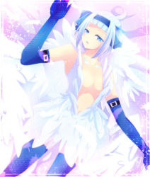 Rule 34 | 1girl, ahoge, angel (fairy tail), blue eyes, blue gloves, blue thighhighs, breasts, cleavage, elbow gloves, fairy tail, feathers, gloves, headband, solo, tattoo, thighhighs