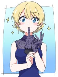 Rule 34 | biting, blonde hair, blue background, blue dress, blue gloves, braid, breasts, cleavage, darjeeling (girls und panzer), dress, girls und panzer, glove biting, glove in mouth, glove pull, gloves, unworn gloves, hachiko (kota091986), hair between eyes, highres, mouth hold, official alternate costume, see-through, see-through cleavage, see-through gloves, sleeveless, sleeveless dress, sparkling eyes, swept bangs