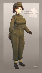 Rule 34 | 1girl, absurdres, black footwear, brown eyes, brown gloves, brown hair, canada, canadian army, full body, gloves, hat, hermann, highres, insignia, jacket, looking at viewer, military, military hat, military rank insignia, military uniform, resolution mismatch, smile, soldier, source larger, uniform, world war ii