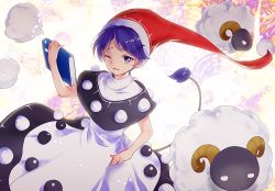Rule 34 | 1girl, :3, bare arms, black dress, blue hair, book, brown eyes, capelet, doremy sweet, dress, hat, holding, holding book, looking at viewer, makuwauri, nightcap, one eye closed, pom pom (clothes), sheep, short hair, smile, solo, tail, tapir tail, touhou