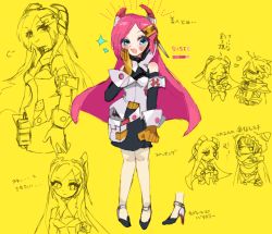 Rule 34 | 1girl, 2boys, black dress, blue eyes, clrpty, dress, gloves, hand on own face, high heels, highres, humanization, kirby: planet robobot, kirby (series), long hair, magolor, meta knight, multiple boys, nintendo, orange gloves, pink hair, solo, susie (kirby)
