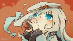 Rule 34 | 1girl, @ @, alcohol, blue eyes, blush, cup, doromizu, drink, drinking, drinking glass, drunk, flat cap, hammer and sickle, hat, hibiki (kancolle), holding, holding cup, kantai collection, light blush, simple background, solo, verniy (kancolle), whiskey, white hair, white hat