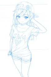 Rule 34 | 1girl, alternate costume, asashio (kancolle), backwards hat, baseball cap, blue theme, casual, clothes pull, clothes writing, collarbone, commentary request, cowboy shot, flat chest, gotou hisashi, hat, kantai collection, lineart, long hair, looking at viewer, monochrome, scrunchie, shirt, shirt pull, shorts, simple background, smile, solo, standing, t-shirt, wrist scrunchie