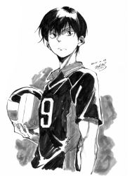 Rule 34 | 10s, 1boy, 2015, ball, from side, greyscale, haikyuu!!, holding, holding ball, kageyama tobio, looking at viewer, male focus, monochrome, signature, solo, sportswear, standing, t-okada, upper body, volleyball (object)