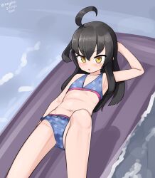 Rule 34 | 1girl, absurdres, ahoge, bikini, black hair, blue bikini, flat chest, frilled bikini, frills, highres, inflatable raft, kantai collection, looking at viewer, lying, maru (marg0613), mikazuki (kancolle), navel, one-hour drawing challenge, solo, swimsuit, water, yellow eyes