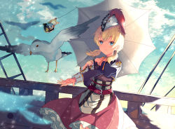 Rule 34 | 1girl, bad id, bad pixiv id, blonde hair, blue eyes, closed mouth, collarbone, door, edna (tales), floating hair, hair between eyes, hat, holding, holding umbrella, long skirt, long sleeves, looking at viewer, low twintails, normin (tales), outdoors, red skirt, shibaebi (yasaip game), short hair, skirt, smile, solo, standing, tales of (series), tales of zestiria, twintails, umbrella, white hat, white umbrella