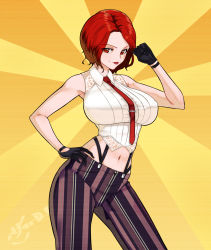 Rule 34 | 1girl, 47 hard, artist name, between breasts, black gloves, breasts, collared shirt, gloves, hand on own hip, highres, large breasts, lipstick, looking at viewer, makeup, navel, necktie, necktie between breasts, pants, red eyes, red hair, red necktie, shirt, short hair, simple background, sleeveless, snk, solo, suspenders, the king of fighters, vanessa (kof), yellow background