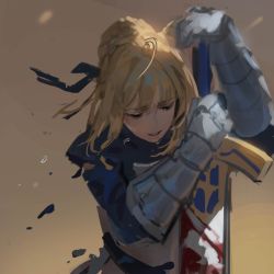 Rule 34 | 1girl, ahoge, armor, armored dress, artoria pendragon (all), artoria pendragon (fate), bad id, bad twitter id, blonde hair, blue dress, blue neckwear, blue ribbon, chyoel, crying, dress, excalibur (fate/stay night), fate/stay night, fate (series), gauntlets, hair bun, hair ribbon, highres, holding, holding sword, holding weapon, parted lips, planted, planted sword, planted weapon, ribbon, saber (fate), single hair bun, sketch, solo, sword, tears, upper body, weapon