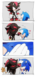 Rule 34 | 2boys, 4koma, aged down, animal ears, annoyed, bad id, bad pixiv id, bracelet, chiro (pez777), comic, fur, furry, furry male, gloves, green eyes, grey background, hands on own hips, headpat, heart, highres, jewelry, multiple boys, red eyes, sega, shadow the hedgehog, shoes, simple background, sneakers, sonic (series), sonic the hedgehog, sonic the hedgehog (classic), translation request, wavy mouth