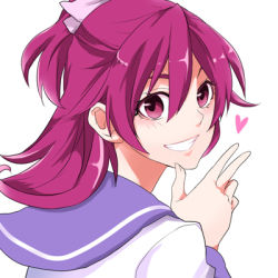 Rule 34 | 1girl, aida mana, bad id, bad pixiv id, blue sailor collar, dokidoki! precure, face, flipped hair, grin, half updo, heart, looking back, lowres, nakaya 106, pink eyes, pink hair, precure, sailor collar, school uniform, short hair, simple background, smile, solo, white background