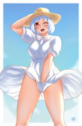 Rule 34 | 1girl, blue hair, blue sky, blush, border, breasts, character request, commentary request, covering privates, covering crotch, cowboy shot, day, dress, embarrassed, finalcake, glasses, hat, highres, looking at viewer, no panties, original, outside border, puffy short sleeves, puffy sleeves, red eyes, semi-rimless eyewear, short hair, short sleeves, skirt, skirt tug, sky, solo, sun hat, sundress, thighs, under-rim eyewear, white border, white dress, wind, wind lift