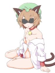 Rule 34 | 1girl, animal ears, bandaid, bandaids on nipples, bare legs, bare shoulders, bell, blindfold, brown hair, buttons, cat ears, cat tail, chen, collar, collarbone, cuffs, earrings, full body, green hat, hair between eyes, hat, jack (wkm74959), jewelry, jingle bell, looking at viewer, mob cap, multiple tails, naked shirt, navel, neck bell, pasties, shirt, short hair, simple background, sitting, solo, sweat, tail, touhou, two tails, white background, yokozuwari