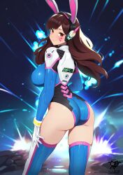 Rule 34 | 1girl, adapted costume, animal ears, artist name, ass, breasts, brown eyes, brown hair, closed mouth, commentary, d.va (overwatch), explosion, facial mark, fake animal ears, from behind, gloves, highres, kaos art, leotard, lips, logo, long hair, long sleeves, looking at viewer, looking back, medium breasts, night, night sky, outdoors, overwatch, shiny skin, skin tight, sky, smile, thighhighs, thighs, white gloves