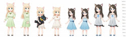 Rule 34 | 2girls, :d, :o, absurdres, age progression, aina (mao lian), animal ear fluff, animal ears, bare arms, bare shoulders, blonde hair, blue bow, blue dress, blue eyes, blue footwear, blue ribbon, blush, bow, bowtie, brown footwear, brown hair, cat ears, cat tail, child, closed mouth, dot nose, dress, fang, green dress, green eyes, green neckwear, grey dress, hand up, height chart, highres, holding, holding stuffed toy, incredibly absurdres, long hair, looking at viewer, mao lian (nekokao), medium hair, multiple girls, multiple views, open mouth, orange bow, orange neckwear, original, parted lips, pigeon-toed, puffy short sleeves, puffy sleeves, ribbon, see-through silhouette, shoes, short sleeves, smile, stuffed animal, stuffed cat, stuffed toy, sundress, tail
