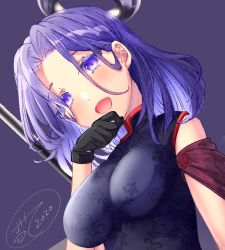 Rule 34 | 1girl, :d, alternate costume, black gloves, blush, breasts, china dress, chinese clothes, dress, gloves, headgear, ittokyu, kantai collection, large breasts, looking at viewer, medium breasts, open mouth, purple eyes, purple hair, short hair, smile, solo, tatsuta (kancolle), upper body