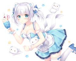Rule 34 | 1girl, :o, animal ears, apron, bare shoulders, bear ears, blue bow, blue dress, blue eyes, blue footwear, blush, bow, breasts, cleavage, commentary request, crazy straw, dress, drinking straw, food, frilled dress, frills, hair between eyes, hair bow, hair ornament, heart straw, high heels, holding, ice cream, ice cream float, kohinata hoshimi, large breasts, original, parted lips, pleated dress, shoes, short hair, simple background, solo, star (symbol), star hair ornament, stuffed animal, stuffed toy, teddy bear, thighhighs, two side up, waist apron, white apron, white background, white hair, white thighhighs
