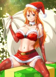 Rule 34 | 1girl, bare shoulders, breasts, christmas, cleavage, elbow gloves, gloves, hat, huge breasts, large breasts, long hair, minpei ichigo, nail polish, nami (one piece), navel, one piece, orange hair, red nails, red thighhighs, sack, santa hat, shoulder tattoo, smile, tattoo, arm tattoo, thighhighs