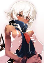 Rule 34 | 10s, 1girl, bad id, bad twitter id, bdsm, black rock shooter, breasts, breasts out, covering own mouth, cuffs, dark skin, dress, grabbing, grabbing another&#039;s breast, grabbing from behind, highres, m-da s-tarou, necktie, nipples, ordet, petite, red eyes, restrained, saliva, shackles, short hair, sleeveless, sleeveless dress, small breasts, solo focus, strength (black rock shooter), tears, white hair