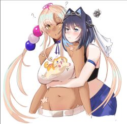 Rule 34 | 2girls, ?, alternate costume, blonde hair, blue eyes, blue hair, blush, breasts, chain, chain headband, commentary, dark-skinned female, dark skin, english commentary, hair between eyes, hair intakes, hololive, hololive english, hug, hug from behind, large breasts, limiter (tsukumo sana), long hair, looking at viewer, multiple girls, navel, one eye closed, open mouth, ouro kronii, pout, sanallite (tsukumo sana), short hair, squiggle, surprised, tsukumo sana, twintails, upper body, virtual youtuber, white background, white veil, yellow eyes, yorobisan, yuri