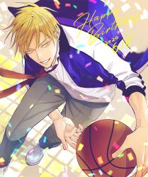 Rule 34 | 1boy, a jou, ball, basketball, basketball (object), blonde hair, blue jacket, collared shirt, confetti, dated, earrings, feet out of frame, from above, grey pants, grin, hair between eyes, happy birthday, jacket, jewelry, kise ryouta, kuroko no basuke, looking at viewer, male focus, multicolored clothes, multicolored jacket, necktie, pants, red necktie, shirt, shoes, short hair, single earring, sleeves rolled up, smile, solo, tsurime, two-tone jacket, white footwear, white jacket, white shirt, yellow eyes