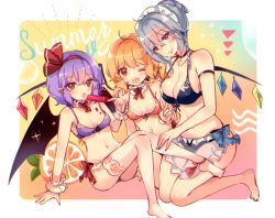 Rule 34 | 3girls, :p, ;3, bat wings, bikini, blonde hair, blue eyes, bow, braid, breasts, cleavage, commentary request, crystal, eating, flandre scarlet, food, frilled bikini, frills, front-tie bikini top, front-tie top, full body, grey hair, hair ribbon, izayoi sakuya, kirero, large breasts, legs, maid, maid bikini, maid headdress, medium hair, multiple girls, navel, one eye closed, open mouth, popsicle, purple bikini, purple hair, red bikini, red eyes, remilia scarlet, ribbon, siblings, sisters, sitting, small breasts, sparkle, stomach, swimsuit, text background, thigh strap, tongue, tongue out, touhou, twin braids, unconventional maid, vampire, wings