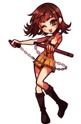 Rule 34 | 1girl, bare shoulders, black footwear, boots, breasts, brown hair, final fantasy, final fantasy viii, full body, green eyes, highres, holding, holding nunchaku, holding weapon, looking at viewer, medium breasts, medium hair, nunchaku, one eye closed, open mouth, outstretched arms, seilidare, selphie tilmitt, smile, solo, weapon, white background, yellow overalls
