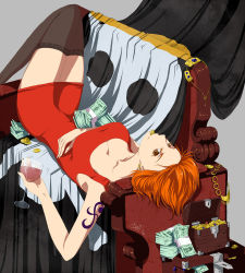 Rule 34 | 1girl, alcohol, artist request, bills, breasts, brown eyes, cleavage, coin, cup, dress, drinking glass, earrings, female focus, gem, glass, gold, jewelry, jolly roger, looking at viewer, lying, money, mouth hold, nami (one piece), necklace, on back, one piece, orange hair, pirate, red dress, short hair, solo, source request, tattoo, thighhighs, treasure, treasure chest, wine, wine glass