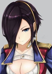 Rule 34 | 1girl, ark royal (azur lane), azur lane, black hair, blue eyes, breasts, cleavage, cleavage cutout, closed mouth, clothing cutout, collarbone, commentary request, epaulettes, hair ornament, hair over one eye, jacket, large breasts, military, military uniform, open clothes, open jacket, short hair, smile, solo, tosaka0002, uniform
