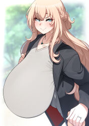 Rule 34 | 1girl, absurdres, bad anatomy, blonde hair, blue eyes, blush, braid, breasts, closed mouth, collarbone, female focus, french braid, gigantic breasts, hanging breasts, highres, holding hands, huge breasts, jacket, jewelry, konoshige (ryuun), long hair, looking at viewer, necklace, original, princess girlfriend (konoshige), ring, shirt, single breast, smile, solo, upper body, wedding band