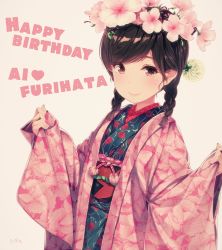 Rule 34 | 1girl, animal print, artist name, bad id, bad twitter id, beige background, black eyes, black hair, braid, butterfly print, character name, clenched hands, commentary request, floral print, freckles, furihata ai, happy birthday, head wreath, japanese clothes, kimono, layered clothes, layered kimono, obi, real life, sash, simple background, siva (executor), smile, solo, twin braids, voice actor, wide sleeves, yukata