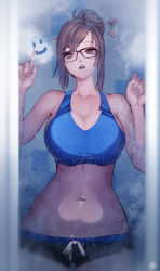 Rule 34 | 1girl, against glass, bike shorts, breast press, breasts, breasts on glass, brown eyes, brown hair, cleavage, frosted glass, glass, glass writing, glasses, hair bun, hair ornament, hair stick, hairpin, highres, huge breasts, instant ip, looking at viewer, mei (overwatch), navel, open mouth, overwatch, overwatch 1, single hair bun, smiley face, solo, sports bra, stomach