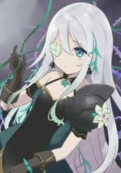 Rule 34 | 1girl, anemone (princess connect!), armor, black dress, black gloves, blue eyes, breasts, cleavage, collarbone, commentary request, dress, earrings, elbow gloves, flower, flower over eye, gloves, grey flower, grey hair, gucchiann, hair between eyes, hand up, highres, jewelry, long hair, parted lips, pauldrons, princess connect!, shoulder armor, single pauldron, small breasts, solo, thorns, very long hair