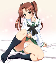 Rule 34 | 10s, 1girl, arm support, bed, black socks, blouse, blush, brown eyes, brown hair, cameltoe, clothes lift, girls und panzer, green skirt, hair ribbon, kadotani anzu, kneehighs, lifting own clothes, long hair, long sleeves, looking at viewer, micro panties, miniskirt, neckerchief, ooarai school uniform, ouhashi, panties, parted bangs, pink background, pleated skirt, ribbon, school uniform, serafuku, shirt, sitting, skirt, skirt lift, smile, socks, solo, spread legs, string panties, twintails, underwear, upskirt, white panties, white shirt