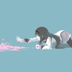 Rule 34 | 1girl, akemi homura, all fours, aqua background, black hair, black hairband, black pantyhose, clenched hand, crawling, faceless, faceless female, facing away, flat color, from side, grey skirt, hairband, highres, jinrou, limited palette, liquid, long hair, long sleeves, mahou shoujo madoka magica, mahou shoujo madoka magica: hangyaku no monogatari, minimalism, muted color, no eyes, no lineart, open mouth, outstretched hand, pantyhose, profile, reaching, simple background, skirt, solo, soul gem, splatter, stained clothes, straight hair, vector trace