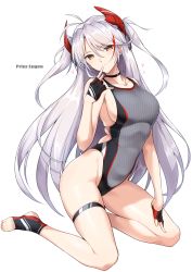 Rule 34 | 1girl, antenna hair, azur lane, black choker, black gloves, blush, breasts, character name, choker, closed mouth, collarbone, competition swimsuit, feet, finger to mouth, fingerless gloves, gloves, grey one-piece swimsuit, hair between eyes, halcon, headgear, heart, highleg, highleg swimsuit, highres, hip focus, kneeling, large breasts, legs, long hair, looking at viewer, mole, mole on breast, multicolored hair, one-piece swimsuit, prinz eugen (azur lane), sideboob, silver hair, simple background, smile, solo, streaked hair, swept bangs, swimsuit, thigh strap, thighs, toeless legwear, toes, two side up, white background