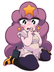 Rule 34 | 1girl, adventure time, bag, belly, big hair, black eyes, black thighhighs, blush, blush stickers, breasts, cartoon network, colored skin, dress, earrings, gashi-gashi, high heels, jewelry, long hair, lumpy space princess, medium breasts, navel, no nose, open mouth, pink skin, plump, poverty, purple hair, shopping bag, simple background, sitting, solo, star (symbol), strap slip, tears, thighhighs, torn clothes, walkie-talkie, wariza, white background