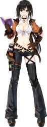 Rule 34 | 1girl, absurdres, asymmetrical legwear, belt, black hair, book, breasts, choker, cleavage, fairy fencer f, front-tie top, gloves, green eyes, hand on own hip, harler, harlot, highres, holding, holding book, holster, jacket, long hair, looking at viewer, midriff, navel, open book, open mouth, pants, platform footwear, shirt, short hair, simple background, smile, test tube, thigh holster, tied shirt, tsunako, uneven legwear, vial, white background