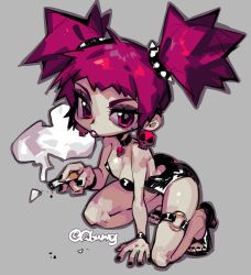 Rule 34 | 1girl, choker, cigarette, earrings, glowwey, grey background, high heels, highres, jewelry, kneeling, lips, nail polish, necklace, o-ring, pink eyes, pink hair, pink lips, skull earrings, skull necklace, smoke, smoking, solo, thighlet, twintails