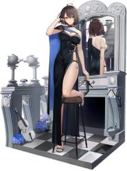 Rule 34 | 1girl, arm strap, azur lane, back, baltimore (azur lane), baltimore (evening breeze minuet) (azur lane), bare shoulders, black dress, black footwear, blue flower, breasts, brown hair, cape, checkered floor, cleavage, dress, flower, unworn footwear, full body, hand up, high heels, highres, hydrangea, instrument, jewelry, keli bang, large breasts, leg up, long dress, looking at viewer, mirror, nail polish, official alternate costume, official art, reflection, sandals, unworn sandals, short hair, shoulder blades, side slit, smile, solo, stool, thighs, transparent background, violin, yellow eyes