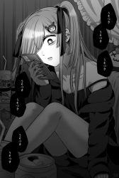Rule 34 | absurdres, bare shoulders, beer can, black dress, black ribbon, can, cellphone, collarbone, commentary request, curtains, dress, drink can, ear piercing, earrings, greyscale, hair ornament, hair over one eye, hair ribbon, highres, jewelry, knees up, long hair, looking at phone, monochrome, namaniku (nmnk2020), original, phone, piercing, ribbon, sitting, smartphone, spaghetti strap, swept bangs, thighs, translation request, two side up