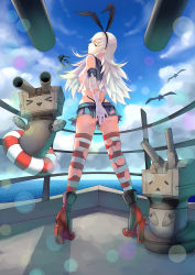 Rule 34 | 10s, 1girl, anchor, animal ears, ass, black panties, blonde hair, covering privates, elbow gloves, fake animal ears, feihong, from behind, gloves, hairband, high heels, highres, kantai collection, lifebuoy, long hair, looking back, miniskirt, panties, parted lips, pleated skirt, rensouhou-chan, shimakaze (kancolle), ship, skirt, standing, striped clothes, striped thighhighs, swim ring, thighhighs, torn clothes, torn legwear, underwear, watercraft, white gloves