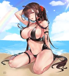 Rule 34 | 1girl, ahoge, alracoco, arm support, arm up, bare shoulders, beach, bikini, black bikini, black footwear, blue sky, blunt bangs, blush, breasts, brown hair, choker, cleavage, cloud, day, dsr-50 (girls&#039; frontline), flower, gem, girls&#039; frontline, groin, hair flower, hair ornament, hair rings, head tilt, jewelry, large breasts, long hair, looking at viewer, md5 mismatch, navel, o-ring, o-ring bikini, o-ring choker, ocean, open mouth, outdoors, pendant, ponytail, rainbow, red eyes, red gemstone, resolution mismatch, sand, sidelocks, sitting, sky, smile, solo, source larger, stomach, swimsuit, thigh strap, thighs, very long hair, wariza