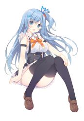 Rule 34 | 1girl, absurdres, black thighhighs, blue eyes, blue hair, blue ribbon, bra, breasts, convenient leg, emori miku, hair ornament, hair ribbon, highres, liver city, long hair, looking at viewer, matching hair/eyes, medium breasts, miko (royal milk), one side up, open mouth, ribbon, see-through, simple background, sitting, solo, thighhighs, underwear, white background