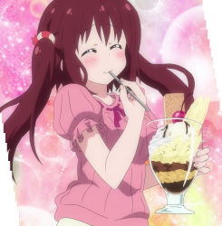 Rule 34 | 10s, bishie sparkle, blush, closed eyes, eating, ebina nana, highres, himouto! umaru-chan, maroon hair, parfait, screencap, solo, sparkle, stitched, third-party edit, twintails