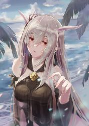 Rule 34 | 1girl, absurdres, arknights, bare shoulders, black one-piece swimsuit, breasts, casual one-piece swimsuit, cloud, cloudy sky, day, detached sleeves, grey hair, highres, horizon, horns, large breasts, long hair, long sleeves, looking at viewer, ocean, one-piece swimsuit, outdoors, parted lips, pointy ears, red eyes, shining (arknights), shining (silent night) (arknights), sky, solo, swimsuit, upper body, very long hair, water, wn (wani-noko)