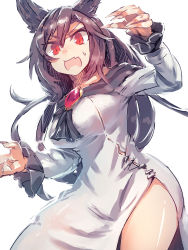 Rule 34 | 1girl, animal ears, breasts, brooch, brown hair, dress, fingernails, highres, imaizumi kagerou, jewelry, large breasts, long fingernails, long hair, long sleeves, looking at viewer, melon22, open mouth, red eyes, sharp fingernails, simple background, slit pupils, solo, surprised, sweatdrop, torn clothes, torn dress, touhou, white background, wolf ears