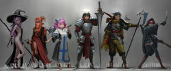 Rule 34 | 1boy, 5girls, animal, animal on shoulder, armor, bird, bird on shoulder, borrowed character, breasts, butterfly hair ornament, chainmail, character name, commentary, dagger, doyora, drill hair, dual wielding, dungeons &amp; dragons, faulds, full armor, full body, glaive (polearm), gun, hair ornament, halberd, halo, hat, helmet, highres, holding, hood, kaleina (ricegnat), knife, lance, lineup, long hair, mace, multiple girls, naked tabard, original, over shoulder, pauldrons, pink hair, planted, pointy ears, polearm, purple hair, quiver, rapier, revealing clothes, reverse grip, rifle, sakuraba himari (magister), sarong, seagull, shoulder armor, sideboob, sword, tabard, twin drills, vallaera (emi-tan), weapon, weapon over shoulder, witch hat