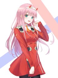 Rule 34 | 1girl, breasts, commentary request, darling in the franxx, enpido, green eyes, hairband, highres, horns, long hair, long sleeves, looking at viewer, medium breasts, pink hair, red horns, solo, white hairband, zero two (darling in the franxx)