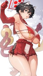 1girl, animal ears, arm guards, armpits, bangs, black eyes, black hair, blue archive, blush, breast curtain, breasts, cheerleader, commentary, elbow gloves, eyebrows visible through hair, gloves, hair between eyes, halo, highres, huge breasts, looking at viewer, open mouth, pasties, pleated skirt, red gloves, red sailor collar, red skirt, revealing clothes, rope belt, sailor collar, shiny, shiny skin, short hair, sideboob, sideless outfit, simple background, skirt, solo, sweat, tassel, thighs, tsubaki (blue archive), two-tone shirt, yoshio (55level)